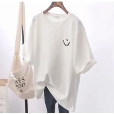 Be Queen Büyük Beden Özel Üretim Smile Baskılı %100 Pamuk Oversize Yeni Trend Kadın T-Shırt