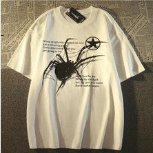 Gothicas Beyaz Unisex Y2K Streetwear Spider Örümcek Yumuşak Penye Oversize T-Shirt