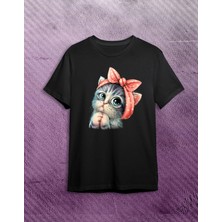 Benin Sevimli Kedi Baskılı Kadın T-Shirt - SIYAH-STK1042
