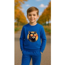Playwear Takım Sweatshirt Kedi V7 Baskılı Kız Erkek Çocuk Bisiklet Yaka3 4-5-6-7-8-9-10-11-12YAŞ