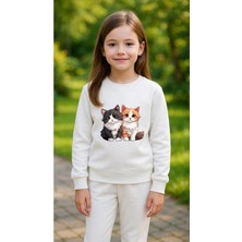Playwear Takım Sweatshirt Çift Kedi Baskılı Kız Erkek Çocuk Bisiklet Yaka3 4-5-6-7-8-9-10-11-12YAŞ