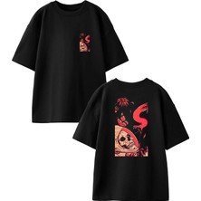 Nmg Tekstil Unisex Siyah Oversize Pamuk Kırmızı Yılan Kurukafa Ön Arka Baskılı Örme T-Shirt
