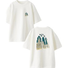 Nmg Tekstil Unisex Beyaz Oversize Pamuk Roma Binalar Ön Arka Baskılı Örme T-Shirt