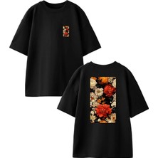 Nmg Tekstil Unisex Siyah Oversize Pamuk Çiçekler Laleler Ön Arka Baskılı Örme T-Shirt