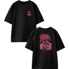 Nmg Tekstil Unisex Siyah Oversize Pamuk Parmak Arası Anime Genç Ön Arka Baskılı Örme T-Shirt