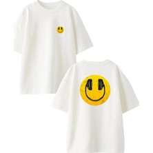 Nmg Tekstil Unisex Beyaz Oversize Pamuk Gülücük Kulaklık Emoji Ön Arka Baskılı Örme T-Shirt