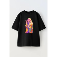 Nmg Tekstil Unisex Siyah Oversize Pamuk Pembe Gözlüklü Kız Renkli Baskılı Örme T-Shirt