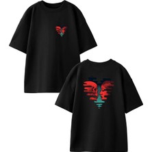 Nmg Tekstil Unisex Siyah Oversize Pamuk Kalp Kurukafa Kadın Ön Arka Baskılı Örme T-Shirt