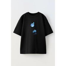 Nmg Tekstil Unisex Siyah Oversize Pamuk Ay Çiçek Mavi Baskılı Örme T-Shirt