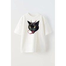 Nmg Tekstil Unisex Beyaz Oversize Pamuk Şeytan Kedi Baskılı Örme T-Shirt