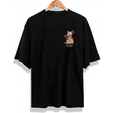 Youwinner Youwınner Unisex Samuray Cat Baskılı Siyah Oversize Tshirt