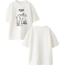 Nmg Tekstil Unisex Beyaz Oversize Pamuk Winter Kayak Dağ Ön Arka Baskılı Örme T-Shirt
