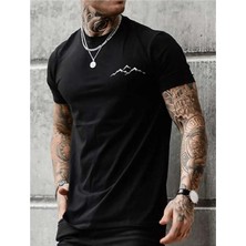 Zizai Moda Dağ Manzaralı Baskılı Siyah Bisiklet Yaka Yazlık Kısa Kollu Unisex T-Shirt