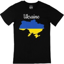 Cix Unisex Ukrayna Haritalı ve Bayraklı Siyah Tişört
