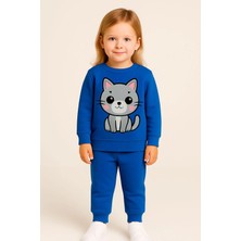 Moda Kışlık Kız Erkek Çocuk Eşofman Takımı Mavi Kedi Baskı 3 4 5 6 7 8 9 10 11 12 Yaş Unisex