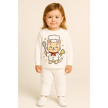 Moda Aşcı Kedi Baskılı Uzun Kollu Bisiklet Yaka Çocuk Eşofman Takımı Unisex 3 4 5 6 7 8 9 10 11 12 Yaş