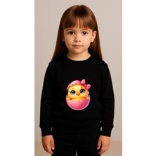 Playwear Çocuktakım Sweatshirt Pembe Civciv Baskılı Kız Erkek Çocuk Bisiklet Yaka3 4-5-6-7-8-9-10-11-12YAŞ