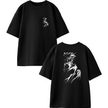 Nmg Tekstil Unisex Siyah Oversize Pamuk Kai Pokemon Çizim Ön Arka Baskılı Örme T-Shirt
