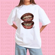 Elvino Grillz Tee Baskılı Oversize Unisex Kadın/erkek Bisiklet Yaka Pamuklu Tshirt