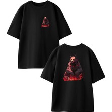 Nmg Tekstil Unisex Siyah Oversize Pamuk Kamp Ayı Ön Arka Baskılı Örme T-Shirt