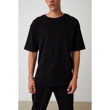 Kam Tişört Siyah Basic Oversize Bisiklet Yaka Kısa Kollu T-Shirt