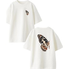 Nmg Tekstil Unisex Beyaz Oversize Pamuk Yarım Kelebek Ön Arka Baskılı Örme T-Shirt