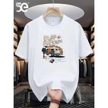 Süper Tekstil Büyük Beden Grafik Baskılı Oversize Penye T-Shirt Tişört Tüm Mevsimler