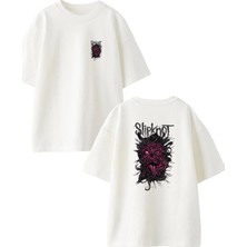Nmg Tekstil Unisex Beyaz Oversize Pamuk Slipknot Pembe Ön Arka Baskılı Örme T-Shirt