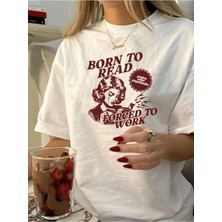 Oldeys Beyaz Oversize T-Shirt Unisex Y2K Tarzı Born To Read Baskılı XL Konforlu Kullanım