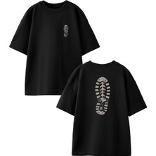 Nmg Tekstil Unisex Siyah Oversize Pamuk Bot Ayakkabı Altı Ön Arka Baskılı Örme T-Shirt