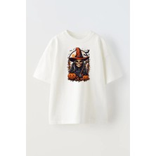 Nmg Tekstil Unisex Beyaz Oversize Pamuk Cadı Kurukafa Balkabağı Baskılı Örme T-Shirt