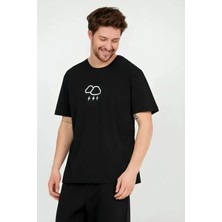 Nebulaa Tekstil Unisex Önü Bulut Baskılı Oversize Siyah T-Shirt