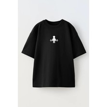 Nmg Tekstil Unisex Siyah Oversize Pamuk Gym Art Küçük Baskılı Örme T-Shirt