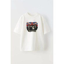 Nmg Tekstil Unisex Beyaz Oversize Pamuk Queen Ingiltere Bayrağı Baskılı Örme T-Shirt