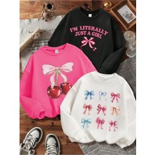 Moda Kız Çocuk Siyah Beyaz Pembe\kurdeleler ve Kiraz Baskılı 3`lü Paket Bisiklet Yaka Sweatshirt