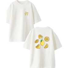 Nmg Tekstil Unisex Beyaz Oversize Pamuk Limon Dilimleri Ön Arka Baskılı Örme T-Shirt