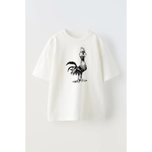 Nmg Tekstil Unisex Beyaz Oversize Pamuk Koca Gözlü Horoz Baskılı Örme T-Shirt