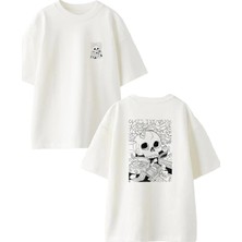 Nmg Tekstil Unisex Beyaz Oversize Pamuk Karikatür Çizim Kurukafa Ön Arka Baskılı Örme T-Shirt