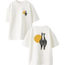 Nmg Tekstil Unisex Beyaz Oversize Pamuk Çift Zürafa Güneş Ön Arka Baskılı Örme T-Shirt