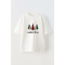 Nmg Tekstil Unisex Beyaz Oversize Pamuk Christmas Çam Baskılı Örme T-Shirt
