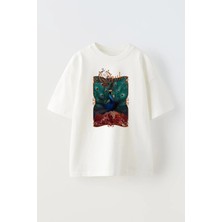 Nmg Tekstil Unisex Beyaz Oversize Pamuk Opeth Tavus Kuşu Baskılı Örme T-Shirt