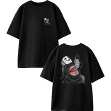 Nmg Tekstil Unisex Siyah Oversize Pamuk Fok Balığı Balık Yiyen Ön Arka Baskılı Örme T-Shirt