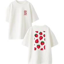Nmg Tekstil Unisex Beyaz Oversize Pamuk Çilekler Desen Ön Arka Baskılı Örme T-Shirt
