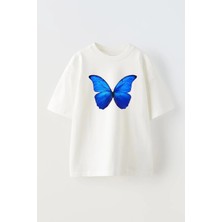 Nmg Tekstil Unisex Beyaz Oversize Pamuk Mavi Kelebek Baskılı Örme T-Shirt