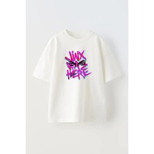 Nmg Tekstil Unisex Beyaz Oversize Pamuk Jinx We Here Baskılı Örme T-Shirt