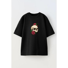 Nmg Tekstil Unisex Siyah Oversize Pamuk Ağzında Gül Kurukafa Baskılı Örme T-Shirt