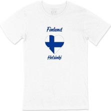 Cix Helsinki Finlandiya Bayraklı Kalpli Cep Logo Tasarımlı Beyaz Tişört