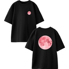 Nmg Tekstil Unisex Siyah Oversize Pamuk Dolunay Manzara Ön Arka Baskılı Örme T-Shirt