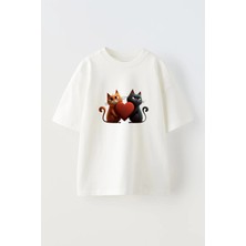 Nmg Tekstil Unisex Beyaz Oversize Pamuk Kalpli Çift Kedi Baskılı Örme T-Shirt