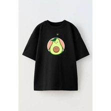 Nmg Tekstil Unisex Siyah Oversize Pamuk Avakado Yoga Yapan Baskılı Örme T-Shirt